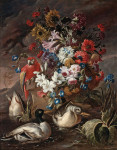 ₴ Репродукція натюрморт від 247 грн.: Квітковий натюрморт з папугою та качками