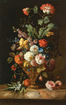 ₴ Репродукція натюрморт від 165 грн.: Троянди та інші квіти у металевій вазі на мармуровому виступі