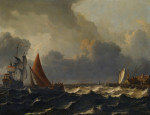 ⚓Репродукція морський пейзаж від 265 грн.: Мале судно закрите на сильному вітрі флагманським кораблем ліворуч і пристанню праворуч