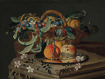 ₴ Репродукція натюрморт від 241 грн.: Персики та сливи в кошику та на олов’яній тарілці, з квітами на кам’яному постаменті