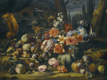 ₴ Репродукція натюрморт від 355 грн.: Натюрморт із квітами в срібному блюді для фруктів, дині, персики, яблука, сливи, троянди та інжир на скелястому березі