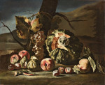 ₴ Репродукція натюрморт від 381 грн.: Гарбуз, гроно винограду, яблука, персики, інжир і сливи на землі на відкритому повітрі