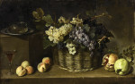 ₴ Репродукція натюрморт від 302 грн.: Натюрморт з кошиком винограду, персиками, яблуком, гранатом і посудом