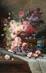 ₴ Репродукція натюрморт від 248 грн.: Натюрморт з трояндами та ішимиі квітами в урні з персиками та виноградом на задрапірованному столі