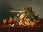₴ Репродукция натюрморт от 355 грн.: Натюрморт с бокалом шампанского и фруктами на дамасской ткани