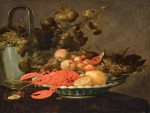₴ Репродукція натюрморт від 355 грн.: Омари, лимони, інжир, персики, абрикоси на порцелянових тарілках, з виноградом у відрі та устрицею на столі