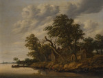 ₴ Репродукція краєвид від 386 грн.: Річковий пейзаж з рибальськими човнами та будинком на березі