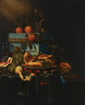 ₴ Репродукція натюрморт від 380 грн.: Виноград, персики, вишні та інші фрукти, пиріг і ромер на задрапованому столі
