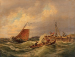 ⚓Репродукція морський краєвид від 386 грн.: Човни в бурхливому морі біля дерев'яної пристані