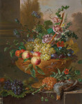 ₴ Репродукція натюрморт від 396 грн.: Урна повна квітів, виноград, персики, сливи та абрикоси, ананас та дичина на передньому плані