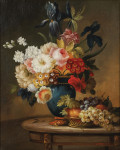 ₴ Репродукція натюрморт від 388 грн.: Ваза з квітами і кошик з фруктами на столі