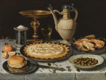 ₴ Репродукція натюрморт від 412 грн.: Стіл зі скатертиною, сільничка, золота чашка, торт, глечик, порцелянова тарілка з оливками та смаженими птахами