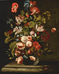 ₴ Репродукція натюрморт від 414 грн.: Натюрморт з трояндами, тюльпанами, ірисами та іншими квітами у скляній вазі