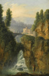 ₴ Репродукция пейзаж от 249 грн.: Вид с путником и рыбаком возле водопада, монастырь на расстоянии