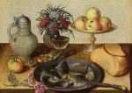 ₴ Репродукція натюрморт від 272 грн.: Квіти, фрукти, хліб, вино, риба та комахи на столі