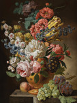 ₴ Репродукція натюрморт від 268 грн.: Натюрморт з троянд, тюльпанів, гвоздик та інших квітів в урні на кам'яному виступі з персиками та виноградом