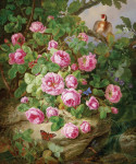 ₴ Картина натюрморт художника від 237 грн.: Кущ троянд біля струмка, метелики та щіглик