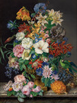₴ Репродукция цветочный натюрморт от 302 грн.: Цветочная композиция с ананасом, виноградом и попугаем