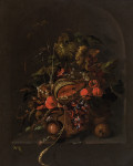 ₴ Репродукція натюрморт від 308 грн.: Натюрморт з фруктами, листям винограду, качанами та комахами в кам'яній ніші