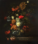 ₴ Репродукція натюрморт від 290 грн.: Соняшник, гвоздики, троянди, тюльпани та інші квіти в скляній вазі на мармуровому виступі