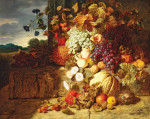 ₴ Репродукція натюрморт від 253 грн.: Виноград, персики, диня та інші фрукти на кам'яному фризі з пташиним гніздом