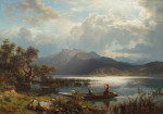 ₴ Репродукция пейзаж от 223 грн.: Мерцающее горное озеро с девушкой в лодке