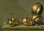 ₴ Репродукция натюрморт от 205 грн.: Медные и латунные кастрюли с другой посудой на выступе