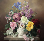₴ Репродукция цветочный натюрморт от 302 грн.: Натюрморт цветов в вазе на выступе