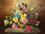 ₴ Репродукция цветочный натюрморт от 320 грн.: Розы и другие цветы в вазе с маской льва