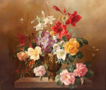 ₴ Репродукция натюрморт от 265 грн.: Розы и летние цветы в бронзовой вазе