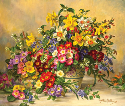 ₴ Репродукция натюрморт от 390 грн.: Весенние цветы в керамической вазе