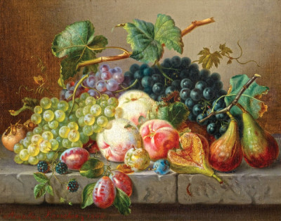₴ Репродукция натюрморт от 247 грн.: Фрукты с инжиром, персиками и виноградом на каменном выступе