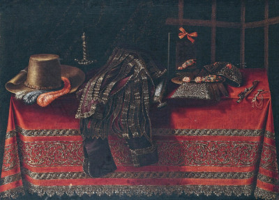 ₴ Репродукция натюрморт от 229 грн.: Натюрморт с одеждой, оружием и зеркалом на красной вышитой скатерти