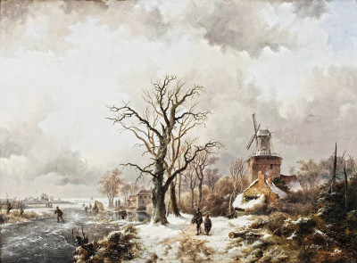 ₴ Репродукция пейзаж от 235 грн.: Зимний пейзаж с фигурами на дороге у ветряной мельницы
