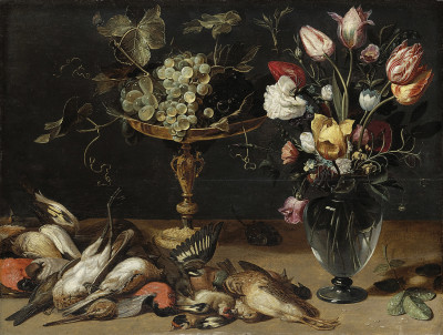 ₴ Репродукция натюрморт от 241 грн.: Натюрморт с цветами, виноградом и мелкими птицами