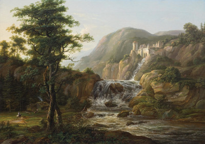₴ Репродукция пейзаж от 391 грн.: Горный пейзаж с водопадом, замком и путешественником на коне перед хижиною