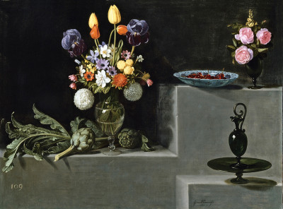 ₴ Картина натюрморт відомого художника від 242 грн.: Артишоки, квіти і скляний посуд