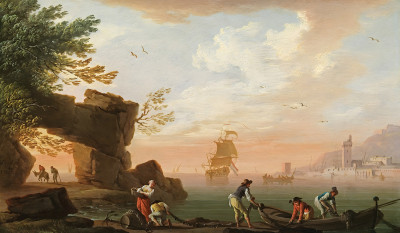 ⚓Репродукция морской пейзаж от 245 грн.: Закат, рыбаки готовят свои сети, порт и голландский корабль позади