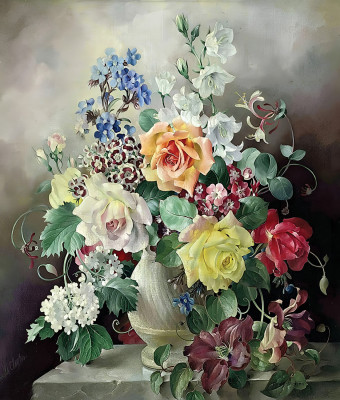 ₴ Репродукция цветочный натюрморт от 354 грн.: Цветы в белой вазе на мраморном выступе
