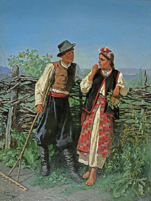 ₴ Репродукція побутовий жанр "Біля тину"