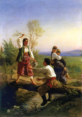 ₴ Репродукція побутовий жанр "Через місток"