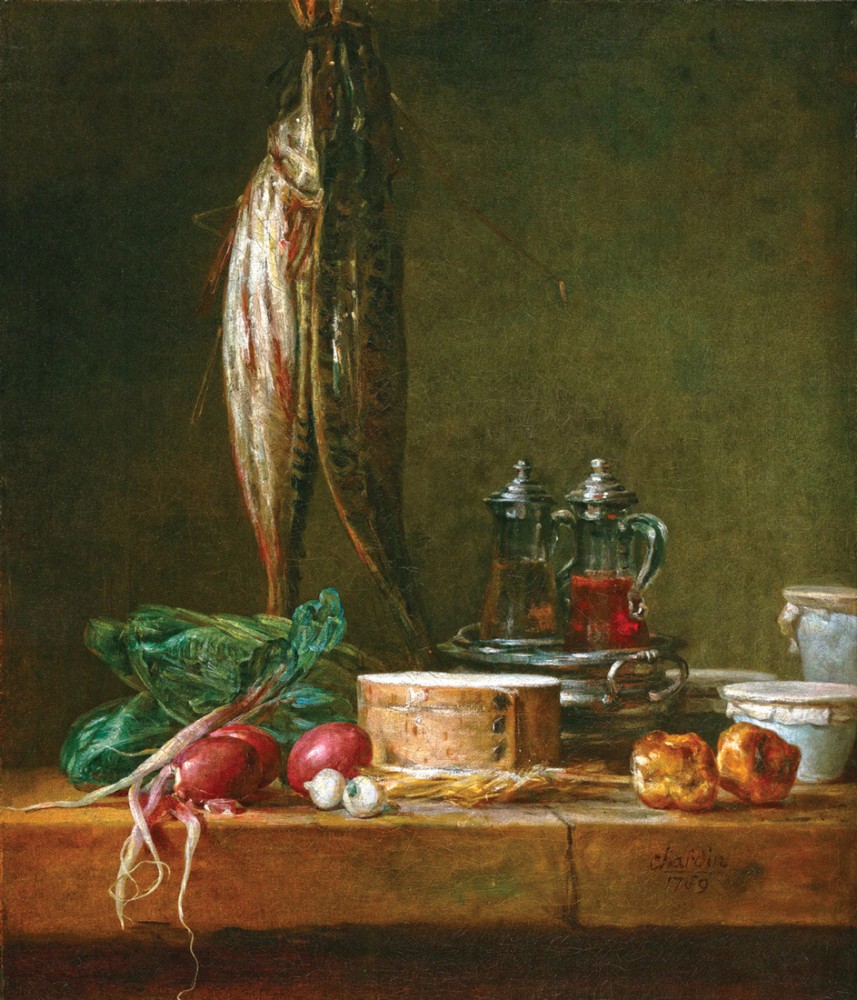 Натюрморт с рыбой и овощами на столе