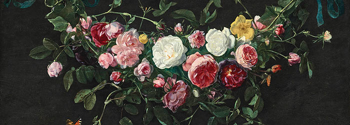 ₴ Репродукция натюрморт "Гирлянда из роз и плюща, подвешенная на лентах, с белокочанной капустой и черепаховой бабочкой" - Сегерс Даниэль