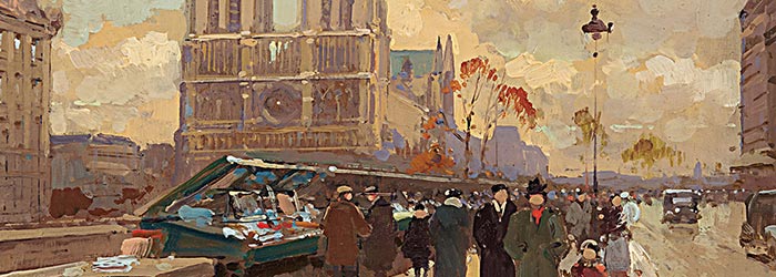 ₴ Репродукция городского пейзажа известного художника "Книжные магазины вблизи Нотр-Дам" - Кортес Эдуард Леон