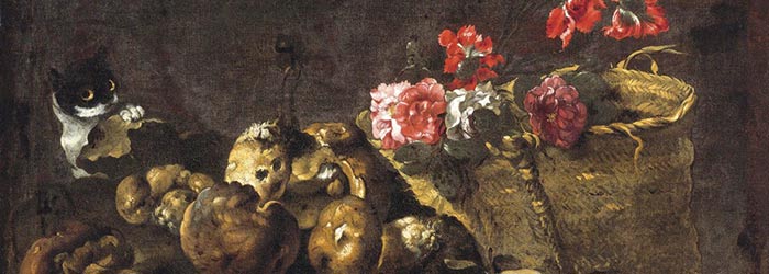 ₴ Репродукция натюрморт от 269 грн.: Грибы, фрукты, корзина с цветами и кот - Тинторе Симона дель