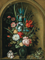 ₴ Репродукція натюрморт від 252 грн.: Змішані квіти у скляній вазі з ящіркою поруч
