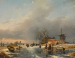 ₴ Репродукция пейзаж от 247 грн.: Зимний пейзаж, справа ветряная мельница и дома у замерзшего канала