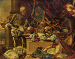 ₴ Репродукція натюрморту від 253 грн.: Ванітас з музичними інструментами, книгами, нотами, скелетом, черепом і зброєю