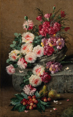 ₴ Репродукция натюрморт от 248 грн.: Цветы в корзине, груши и черешня