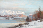 ₴ Репродукция пейзаж от 238 грн.: Зимний пейзаж с утренним светом над горным озером, на заднем плане вид на Альпы